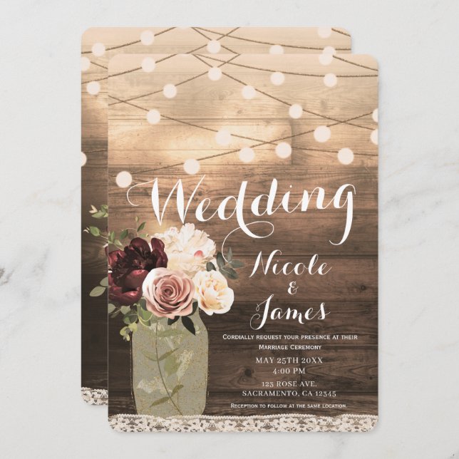 Floral Mason Jar & Lights Rustic Country Wedding Invitation (Front/Back)