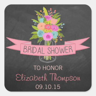 Floral Mason Jar On Chalkboard Bridal Shower Square Sticker