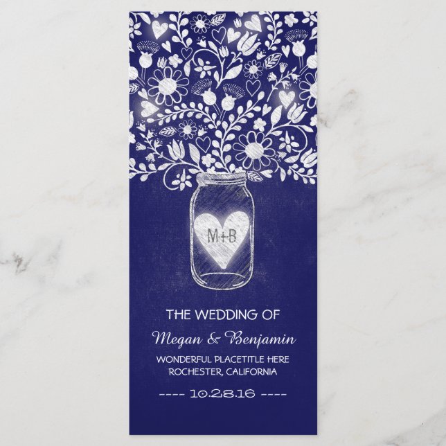 floral mason jar royal blue wedding programs (Front)