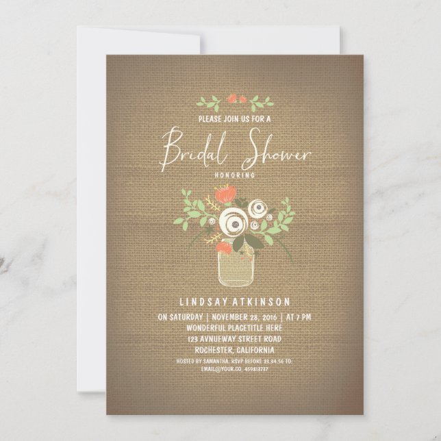 Floral Mason Jar Rustic Burlap Bridal Shower Invitation (Front)