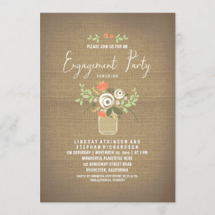 Floral Mason Jar Rustic Burlap Engagement Party Invitation