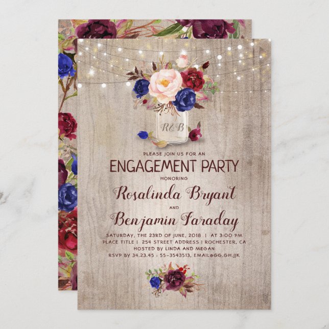 Floral Mason Jar Rustic Engagement Party Invitation (Front/Back)
