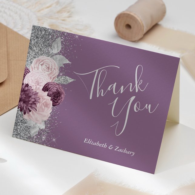 Floral Mauve Blush Silver Wedding Thank You Card (Creator Uploaded)