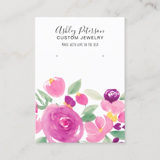 Floral mauve purple watercolor earring display business card (Front)