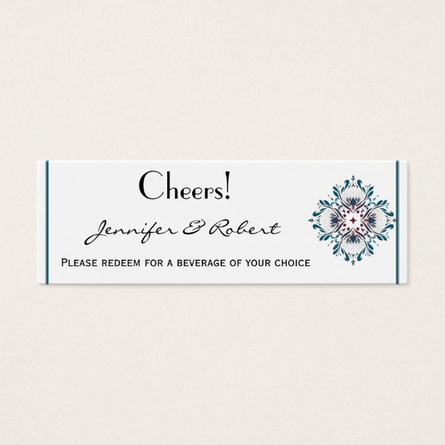 Floral Medallion Teal & Rose Wedding Drink Ticket (Front)