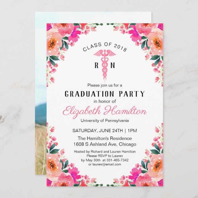 Floral Medical Nursing School Grad Party Photo Invitation (Front/Back)