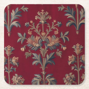 floral medieval embroidery in burgundy red square paper coaster