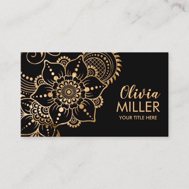 Floral Mehndi Golden Ornament Business Card (Front)
