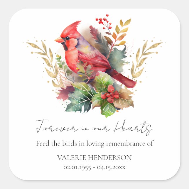 Floral Memorial Bird Seed Cardinal Square Sticker (Front)