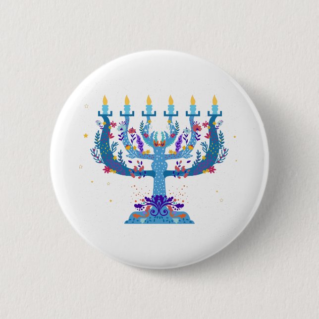 floral menorah hanukkah 6 cm round badge (Front)