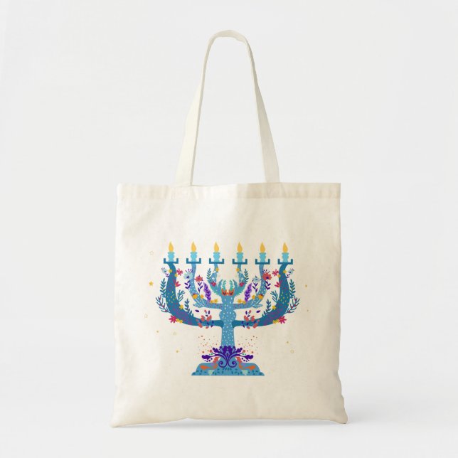 floral menorah hanukkah tote bag (Front)