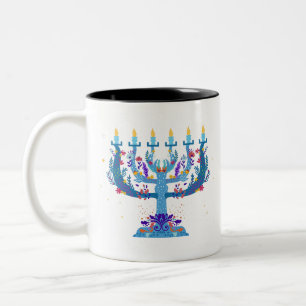 floral menorah hanukkah Two-Tone coffee mug