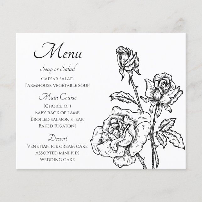 Floral Menu Black White Roses Flowers Wedding (Front)