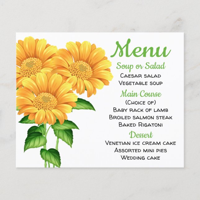 Floral Menu Yellow Sunflower Green Wedding Flower (Front)