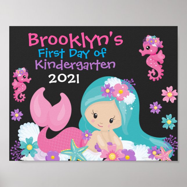 Floral Mermaid First Day of School Chalkboard Poster (Front)