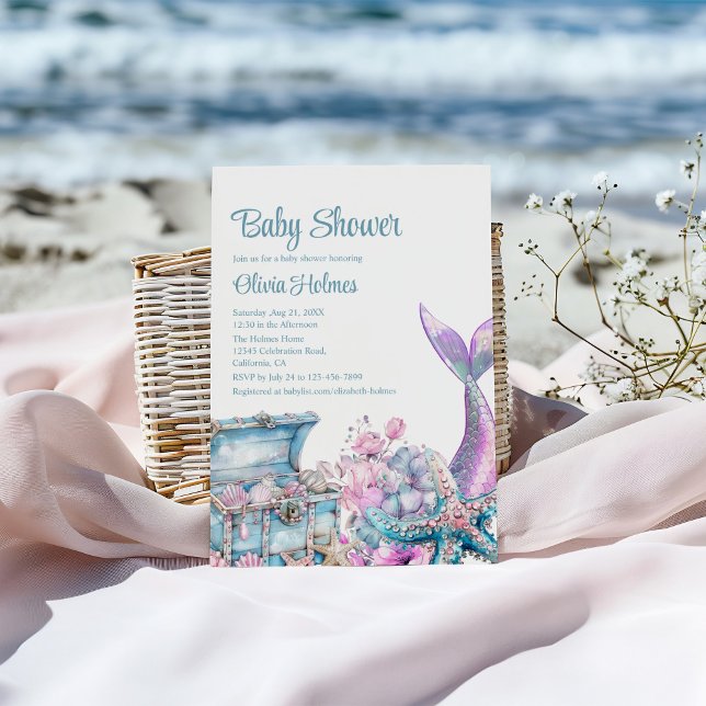 Floral Mermaid Tail Starfish Baby Shower Invitation (Floral Mermaid Tail Starfish Baby Shower Invitation on a sunny beach.)
