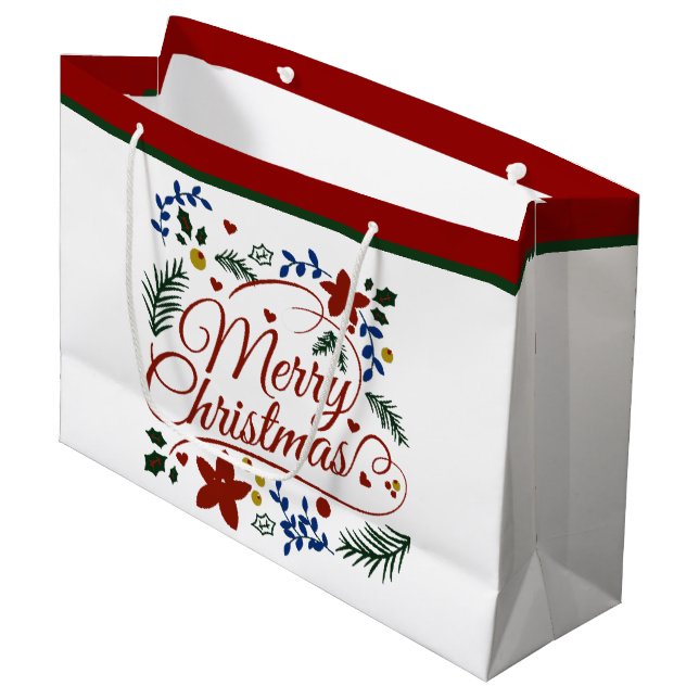 Floral Merry Christmas   Large Gift Bag (Front Angled)