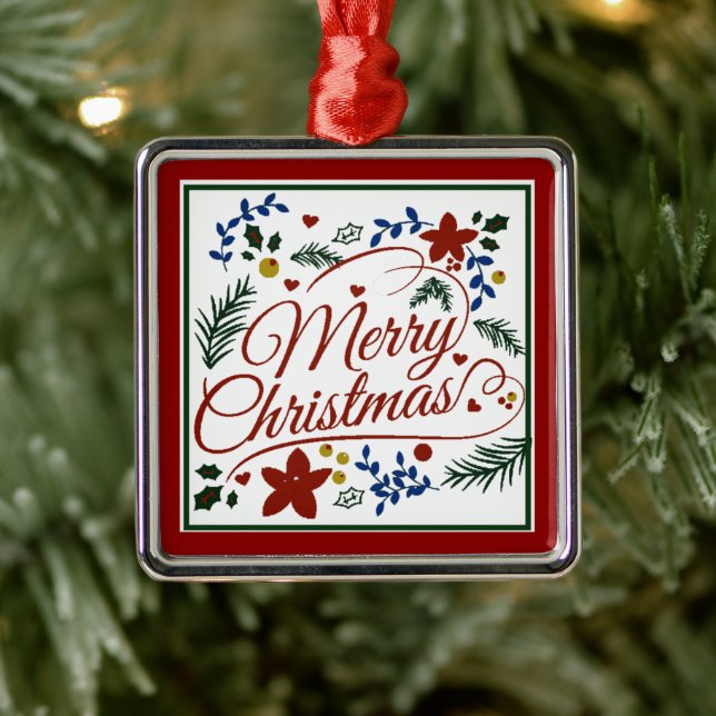 Floral Merry Christmas   Metal Ornament (Tree)