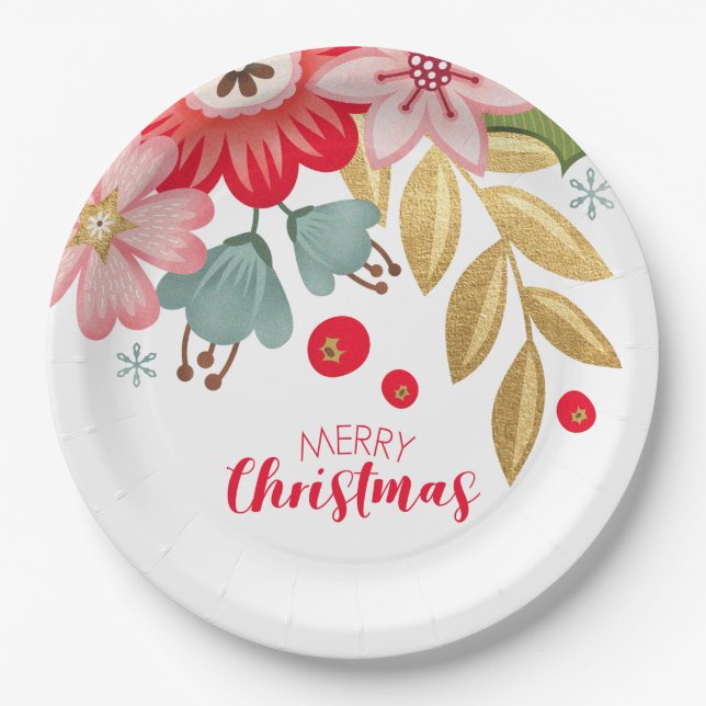 Floral Merry Christmas Party Paper Plate (Front)