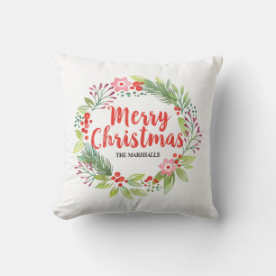 Floral Merry Christmas Red Berry Wreath Cushion