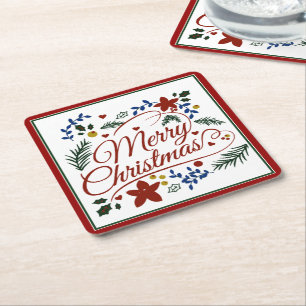 Floral Merry Christmas Square Paper Coaster