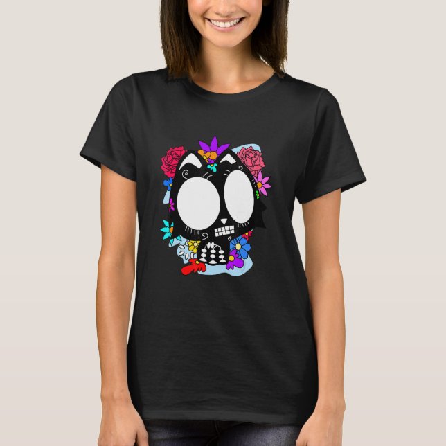 Floral Mexican Cat Day of the Dead Dia De Muertos  T-Shirt (Front)