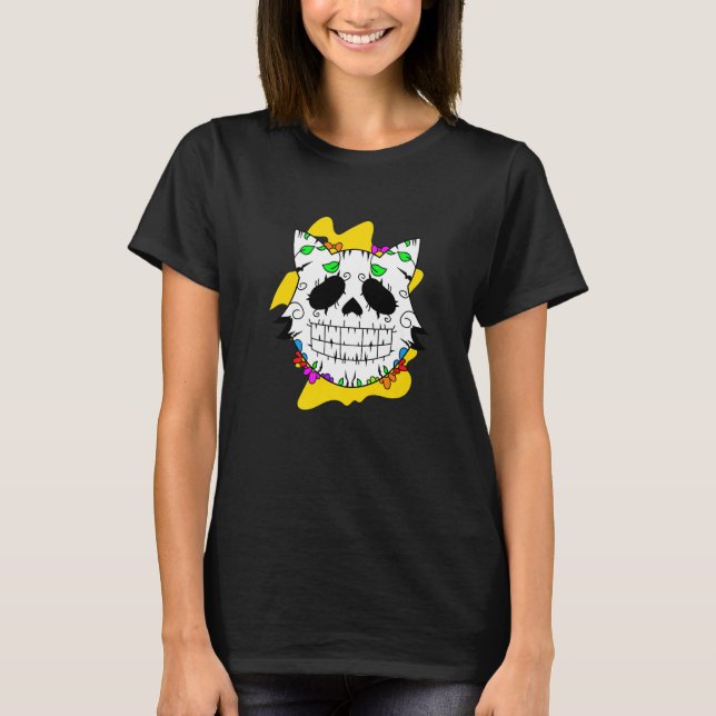 Floral Mexican Cat Day of the Dead Dia De Muertos  T-Shirt (Front)