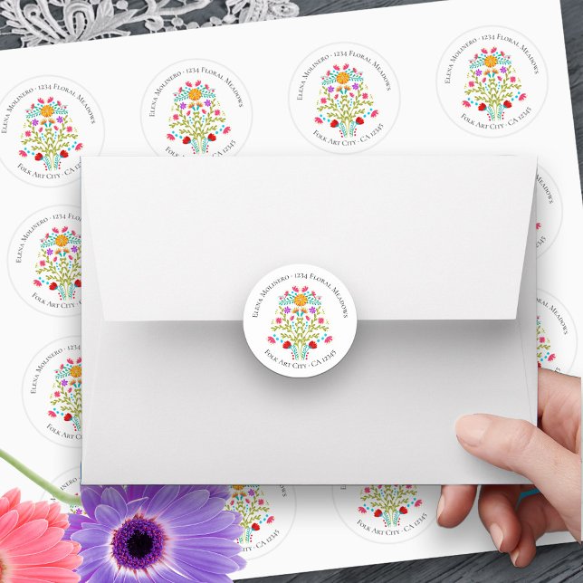 Floral Mexican Fiesta Flowers White Address Classic Round Sticker (Address label envelope seals from my Mexican Fiesta Flowers Quinceanera Collection)