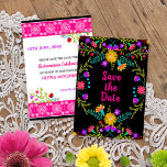 Floral Mexican Fiesta & Papel Picado - Black Save The Date<br><div class="desc">Floral Save the Date card in colourful Mexican Fiesta style and decorated both sides with folk art flowers and papel picado. The wording on the front simply reads "Save the Date" in bright pink on a black background. On the back, the template is set up ready for you to add...</div>