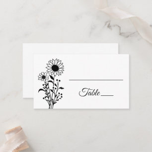 Floral Minimalist Black White Sunflowers Wedding Place Card