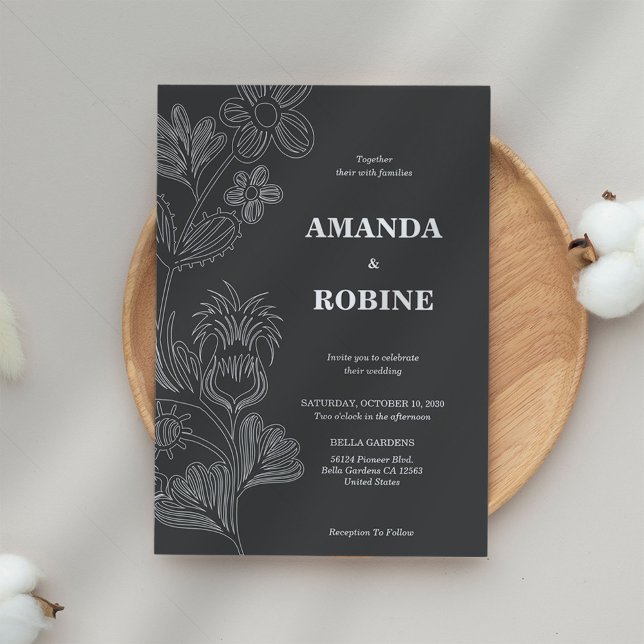 Floral Minimalist Black & White Wedding Invitation (Creator Uploaded)