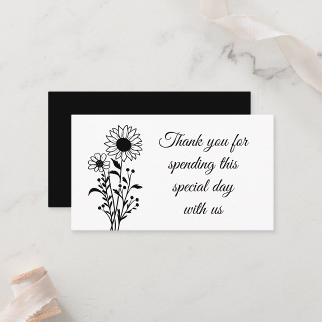 Floral Minimalist Black White Wedding Thank You Place Card (Front/Back In Situ)