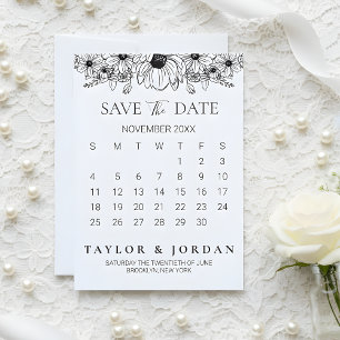 Floral Minimalist Botanical Calendar Wedding  Save The Date