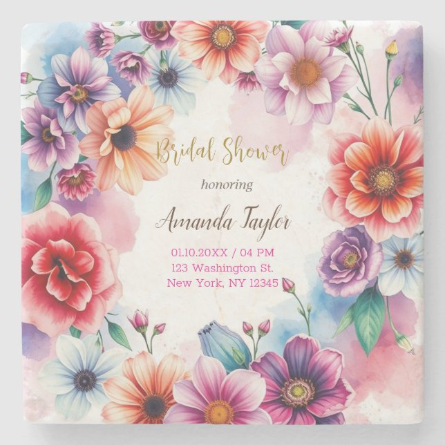 Floral Minimalist Calligraphy Bridal Shower Card Stone Coaster (Front)