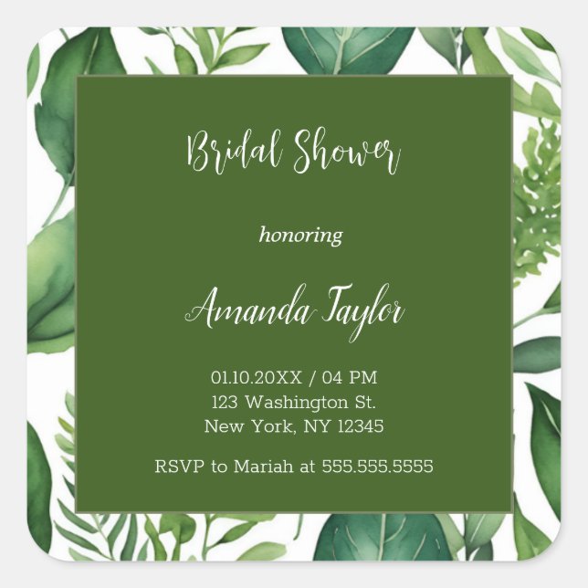 Floral Minimalist Calligraphy Bridal Shower Square Sticker (Front)