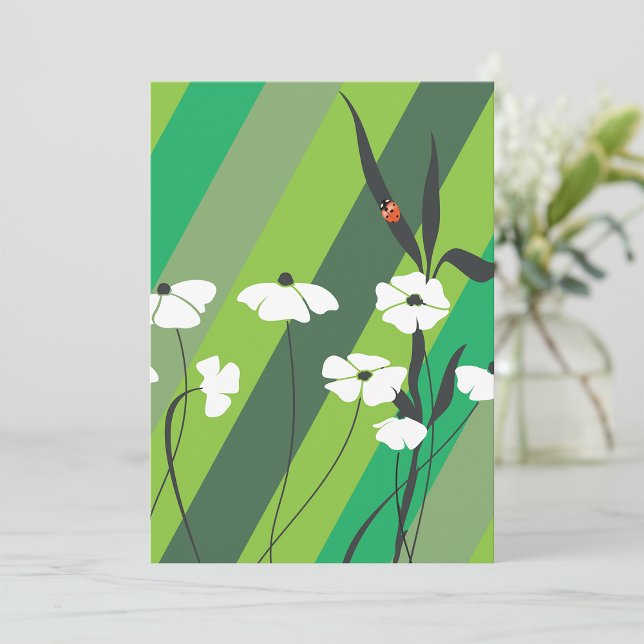 Floral Minimalist Ladybug on Green Stripes Invitation (Creator Uploaded)