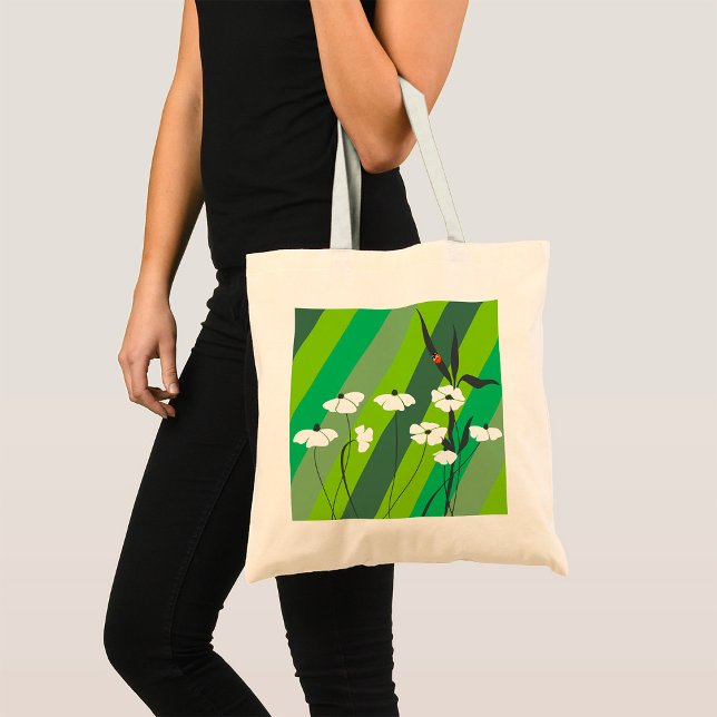 Floral Minimalist Ladybug on Green Stripes Tote Bag (Creator Uploaded)