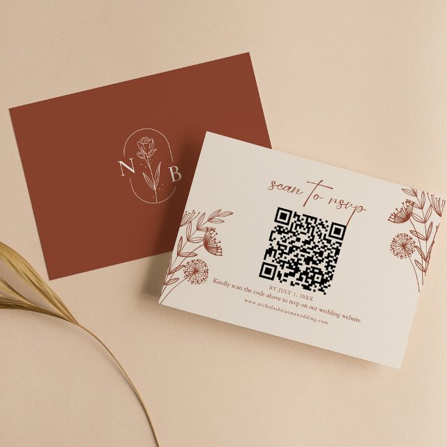 Floral Minimalist Terracotta Wedding QR Code RSVP Card (Creator Uploaded)