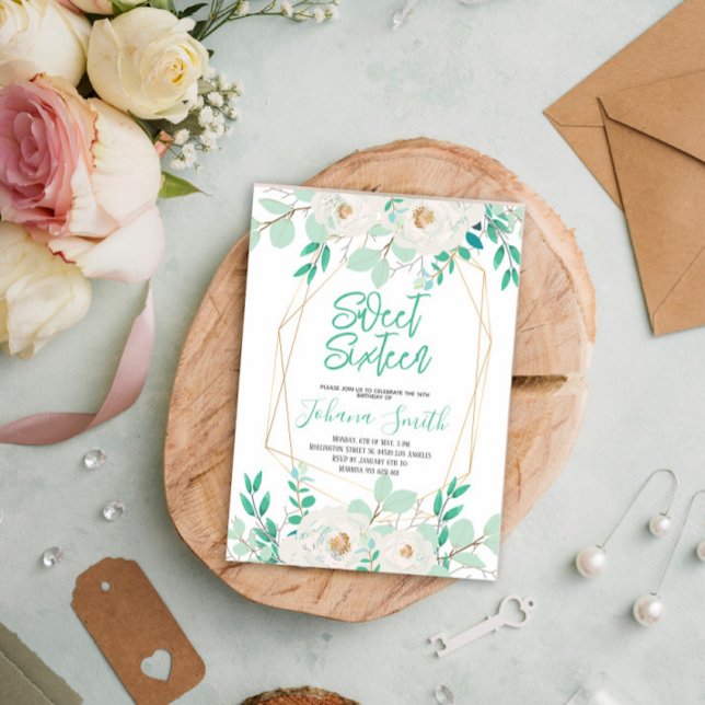 Floral Mint Blue Sweet Sixteen Birthday Invitation (Creator Uploaded)