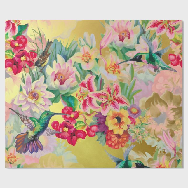 Floral Mint Garden Gold Pink Pastel Thunder-Bird Wrapping Paper (Flat)