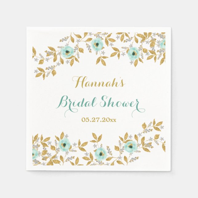 Floral Mint Gold Wreath Bridal Shower Napkins (Front)