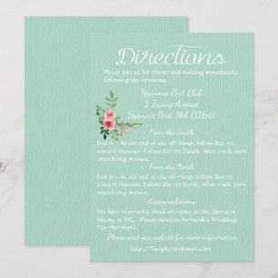 Floral Mint Green Directions Pink Roses Wedding Invitation
