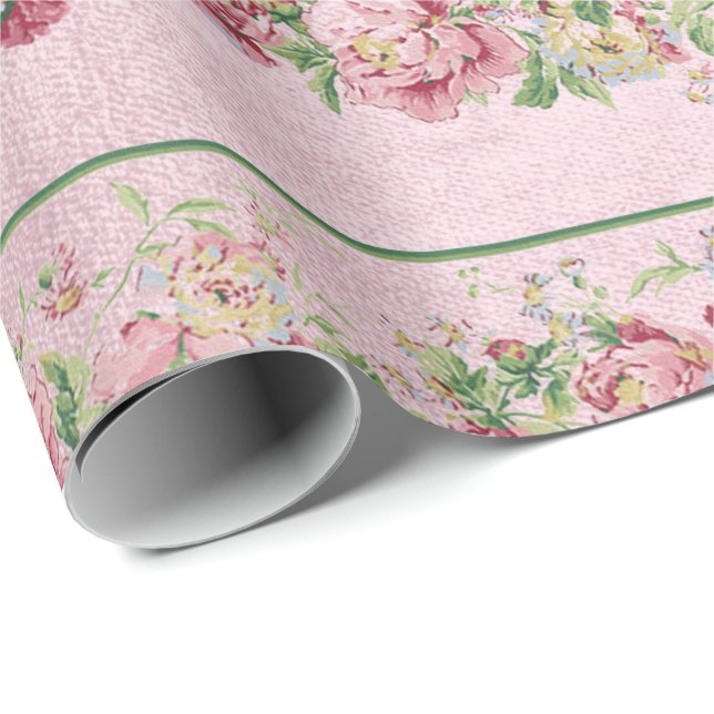 Floral Mint Green Roses Pink Pearly Pastel Vip Wrapping Paper (Roll Corner)