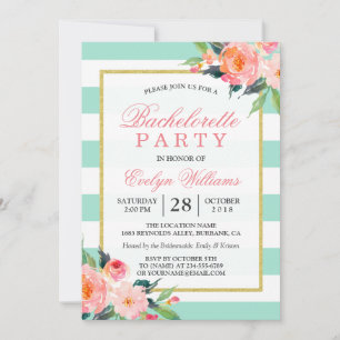 Floral Mint Green Stripes Gold Bachelorette Party Invitation