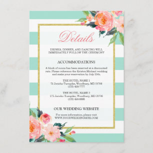 Floral Mint Green Stripes Gold Wedding Details Enclosure Card