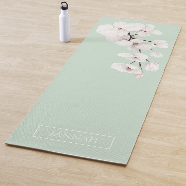 Floral Mint Green White Orchids Name Exercise Yoga Mat (In Situ)