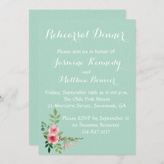 Floral Mint Wedding Rehearsal Pink Rose Flower Invitation (Front/Back)