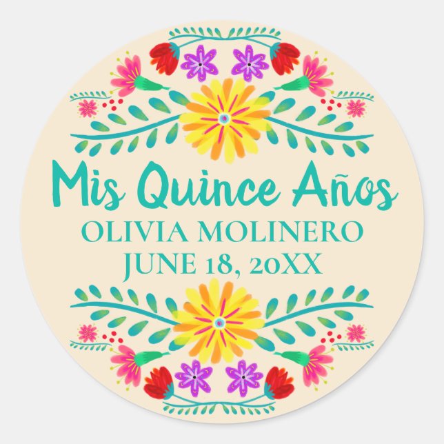 Floral Mis Quince Anos Champagne Mexican Fiesta Classic Round Sticker (Front)