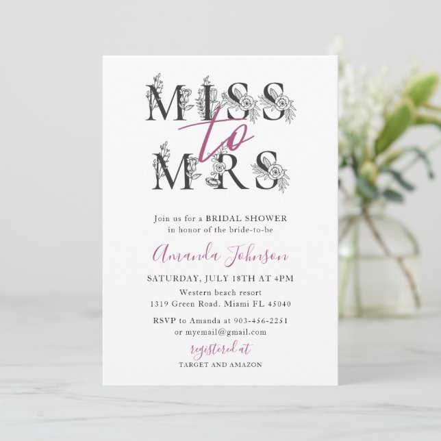 Floral Miss to Mrs Bridal Shower Invitation (Standing Front)