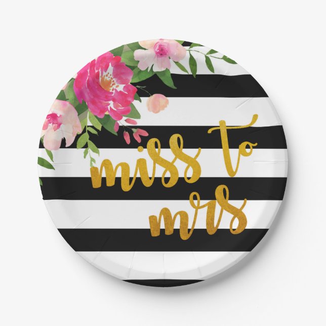 Floral Miss to Mrs Plate - Black & White Stripes (Front)